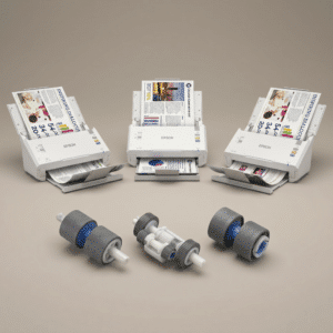Epson roller kit shown in exploded view in front of the WorkForce DS-510, DS-520, and DS-560 desktop document scanners