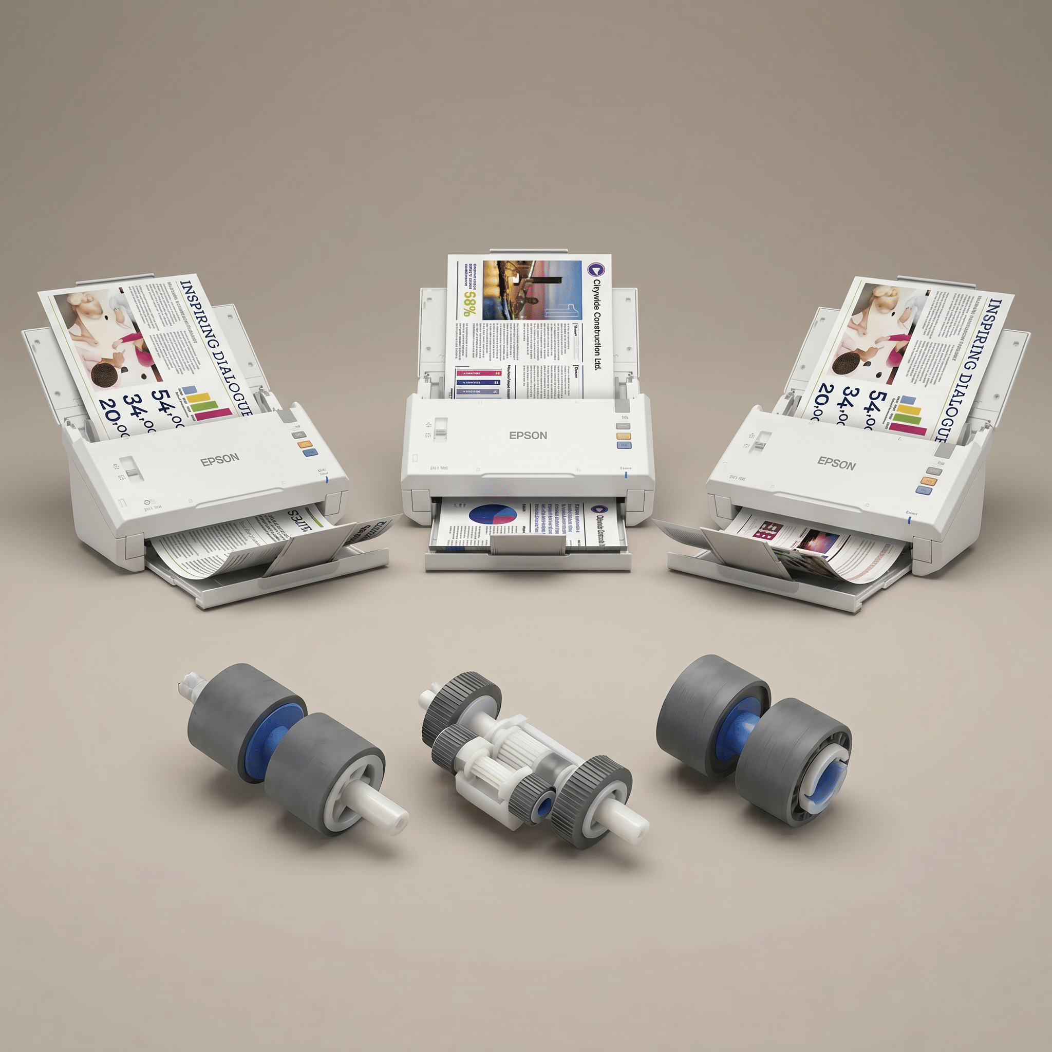 Epson roller kit shown in exploded view in front of the WorkForce DS-510, DS-520, and DS-560 desktop document scanners