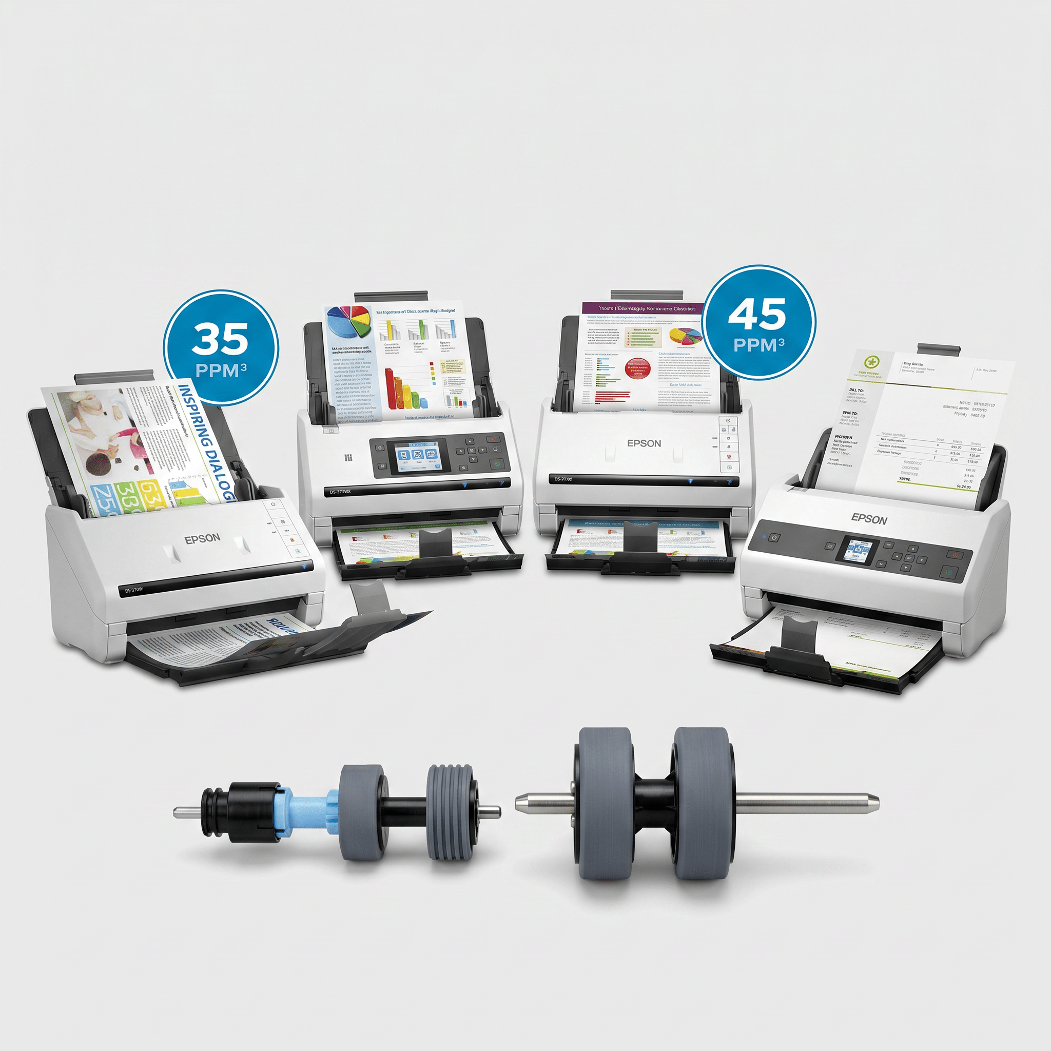 Epson roller cartridge assembly shown in exploded view in front of the WorkForce DS-530, DS-575W, DS-770, DS-780N, and DS-870 desktop document scanners