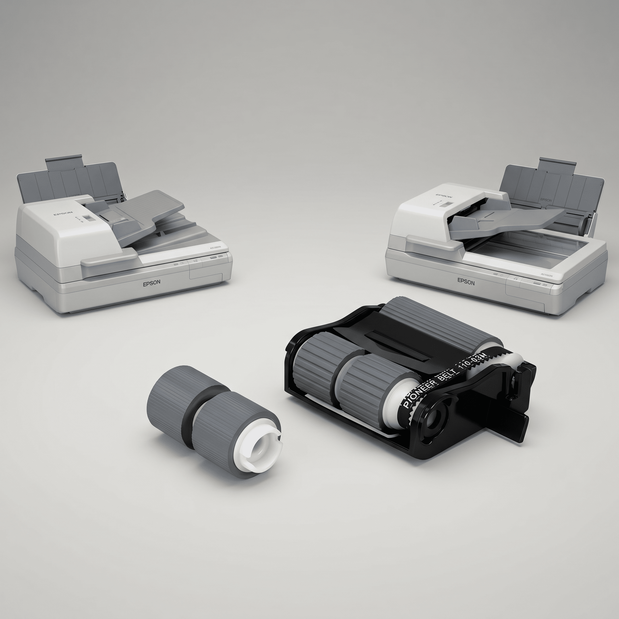 Epson roller kit shown in exploded view in front of the WorkForce DS-60000 and DS-70000 large-format production flatbed scanners