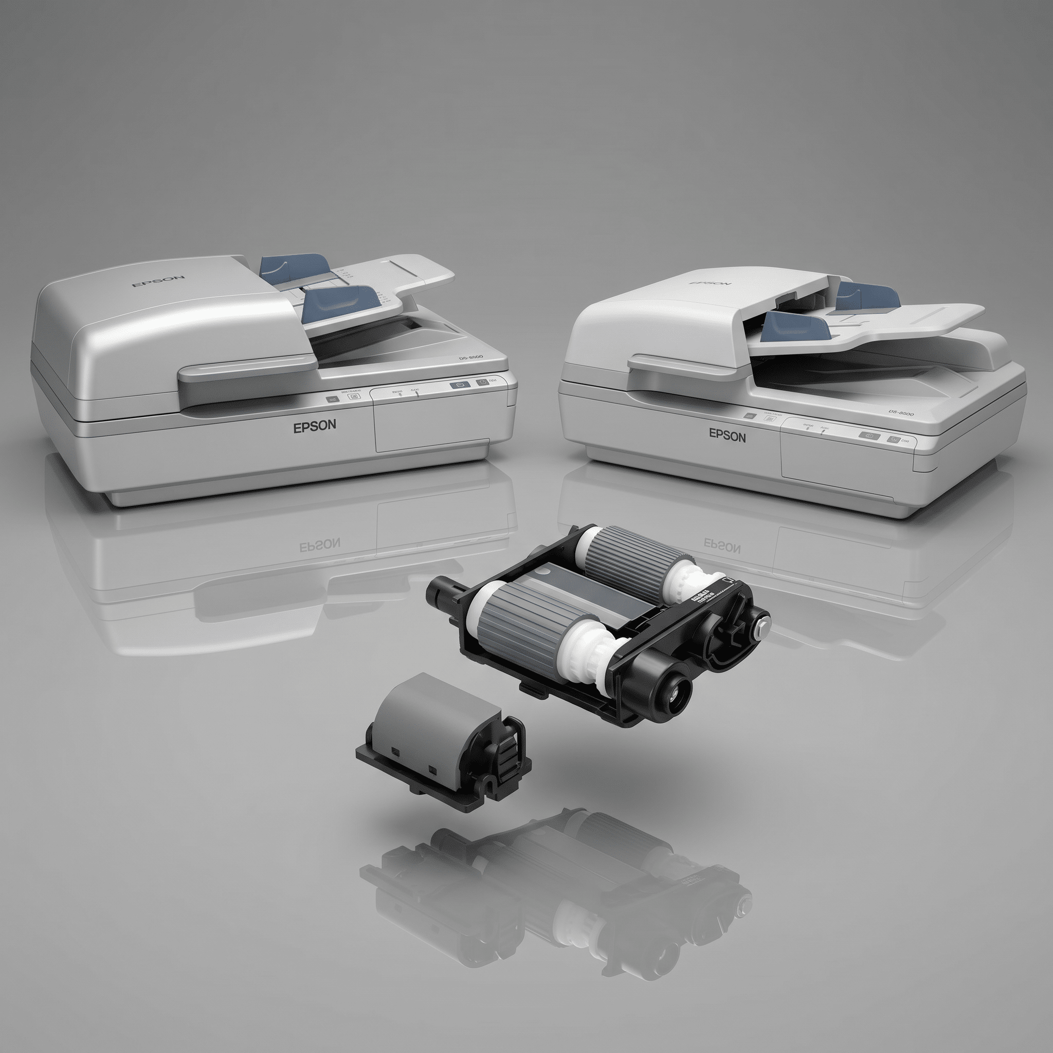 Epson roller kit shown in exploded view in front of the WorkForce DS-6500 and DS-7500 flatbed-with-ADF document scanners