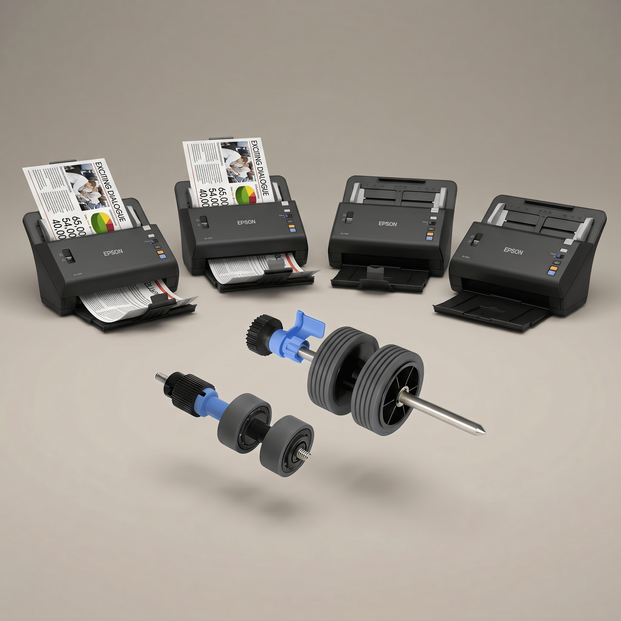 Epson roller kit shown in exploded view in front of the WorkForce DS-760 and DS-860 workgroup document scanners
