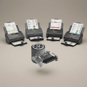 Epson roller kit shown in exploded view in front of the legacy GT-S50, GT-S55, GT-S80, and GT-S85 desktop document scanners