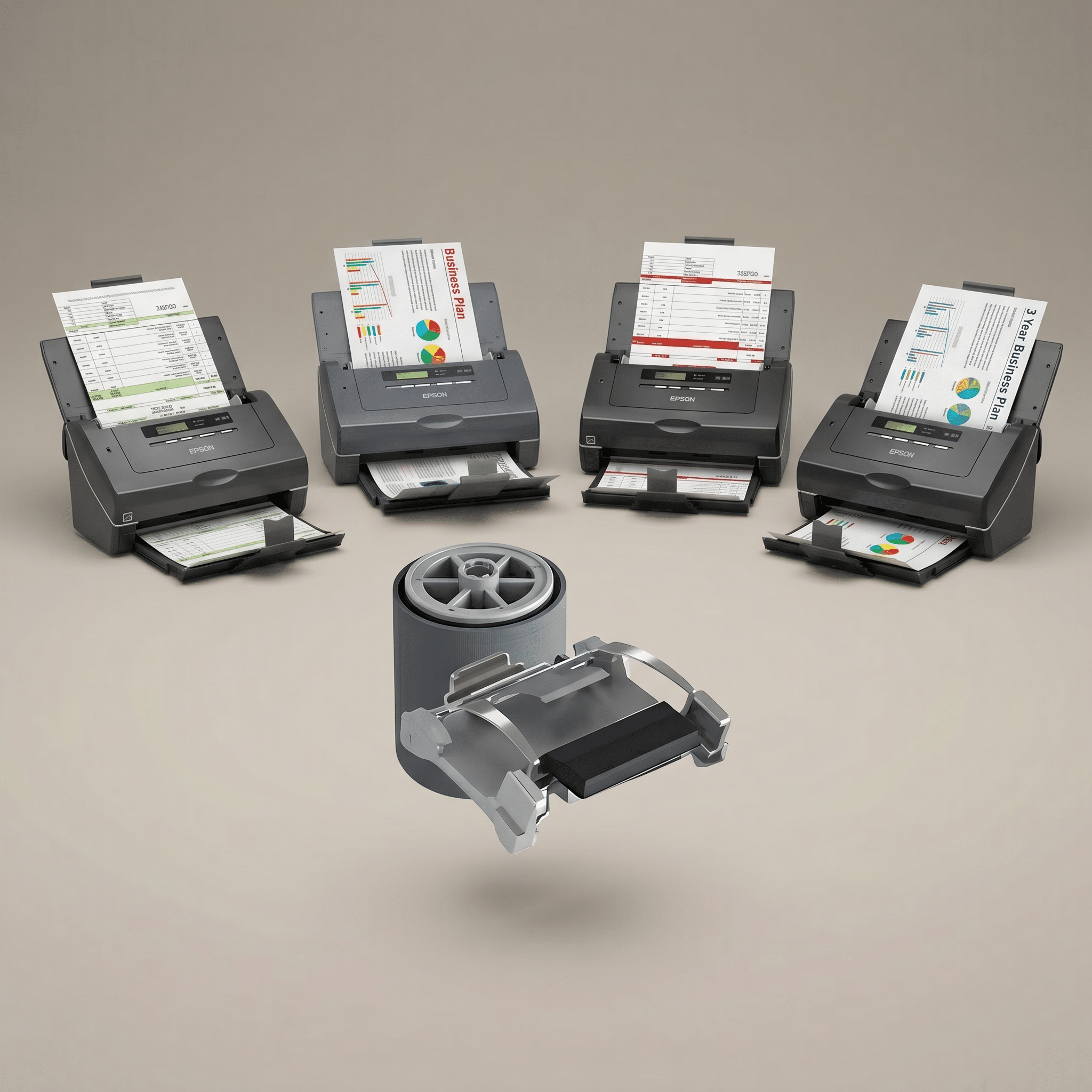 Epson roller kit shown in exploded view in front of the legacy GT-S50, GT-S55, GT-S80, and GT-S85 desktop document scanners