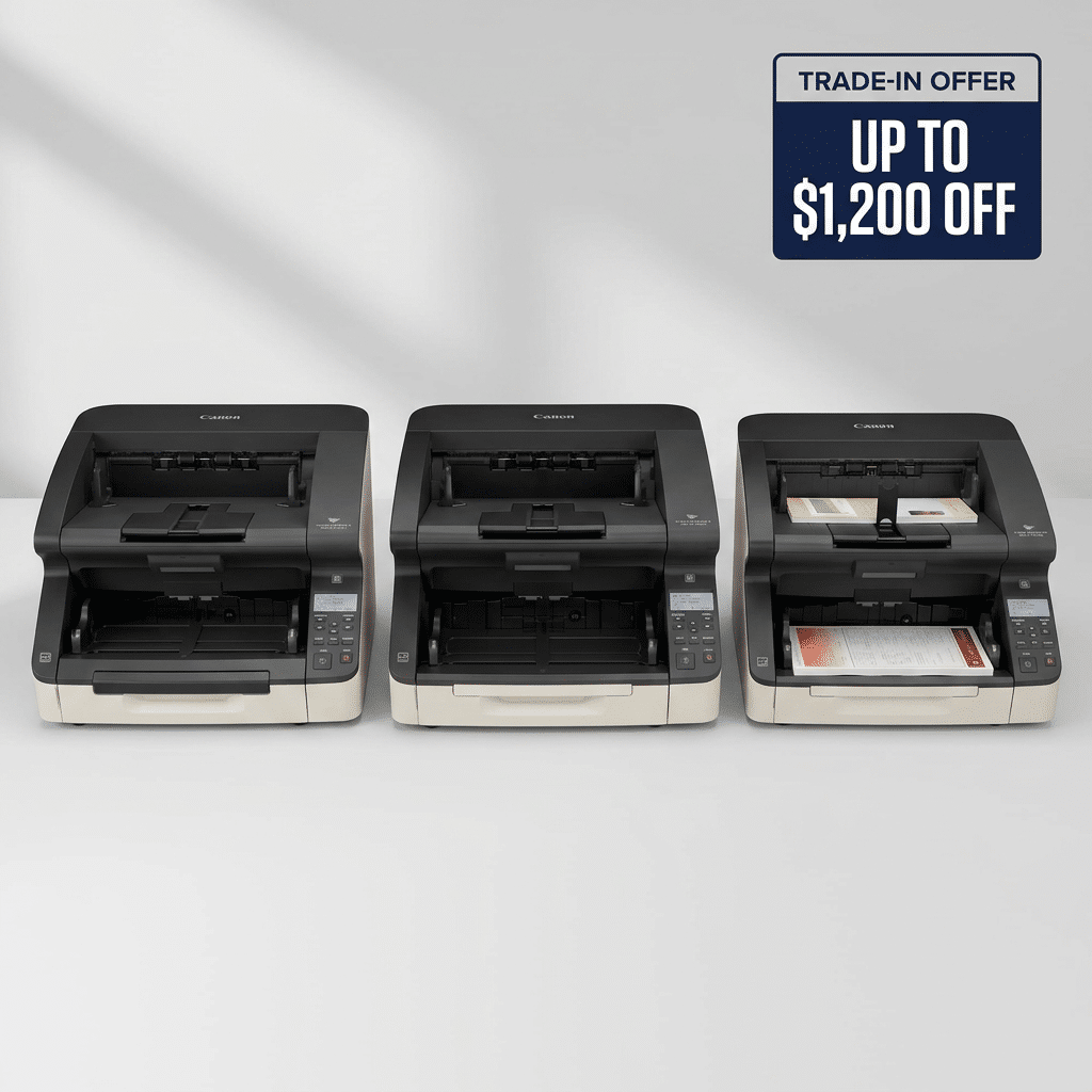 Canon imageFORMULA DR-G2090, DR-G2110, and DR-G2140 production document scanners with a navy 'Trade-In Offer — Up to $1,200 Off' badge