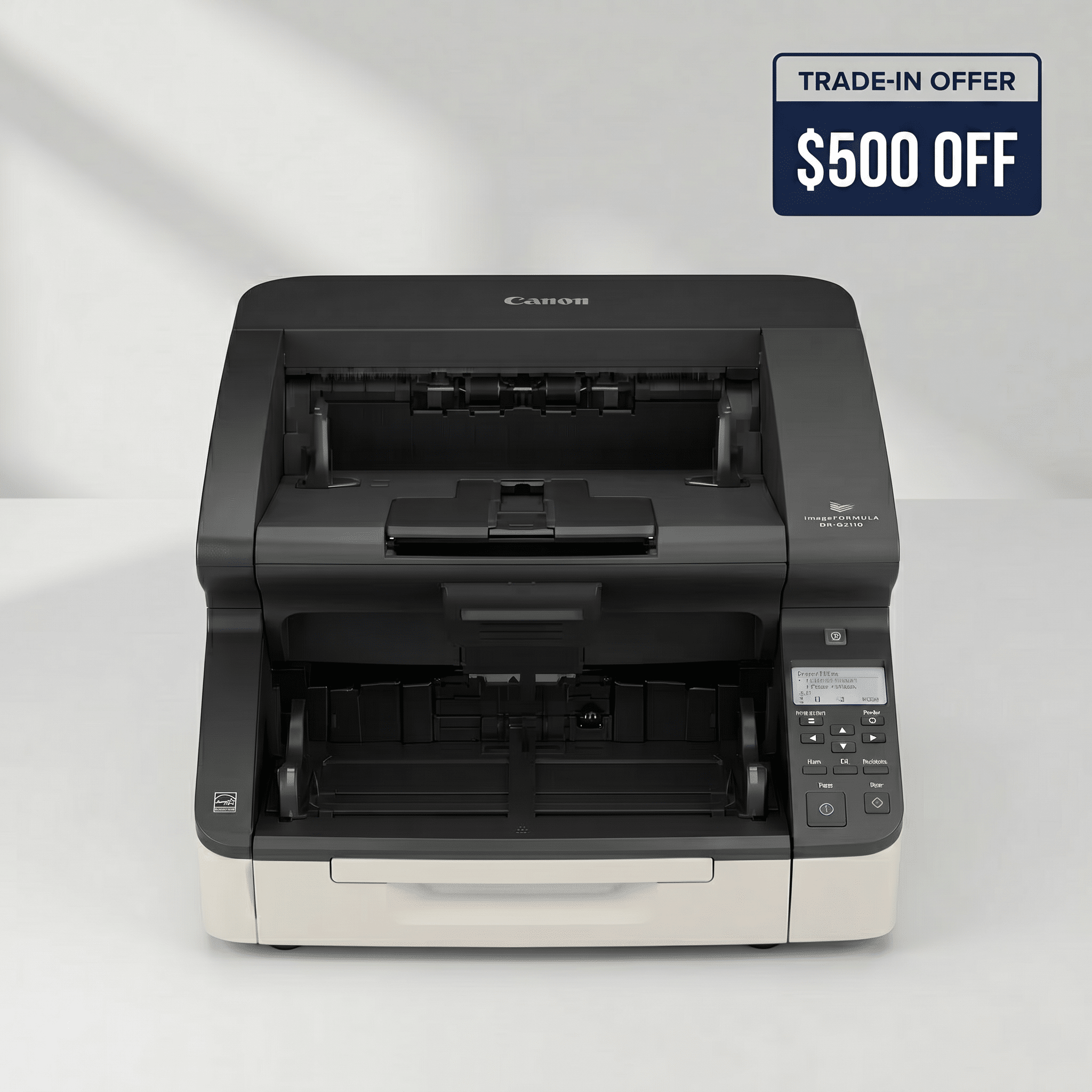 Canon imageFORMULA DR-G2090 production document scanner with a navy 'Trade-In Offer — $500 Off' badge