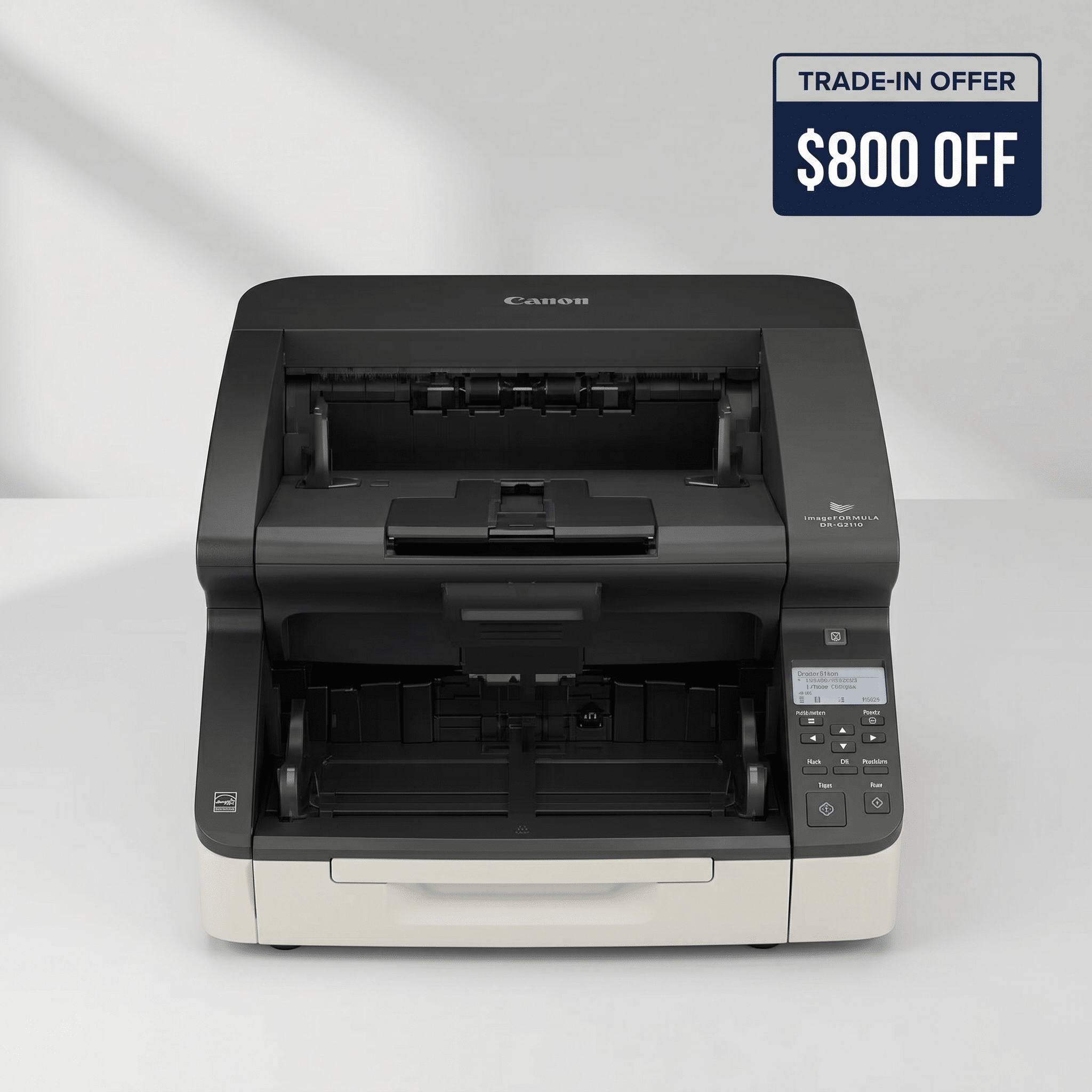 Canon imageFORMULA DR-G2110 production document scanner with a navy 'Trade-In Offer — $800 Off' badge
