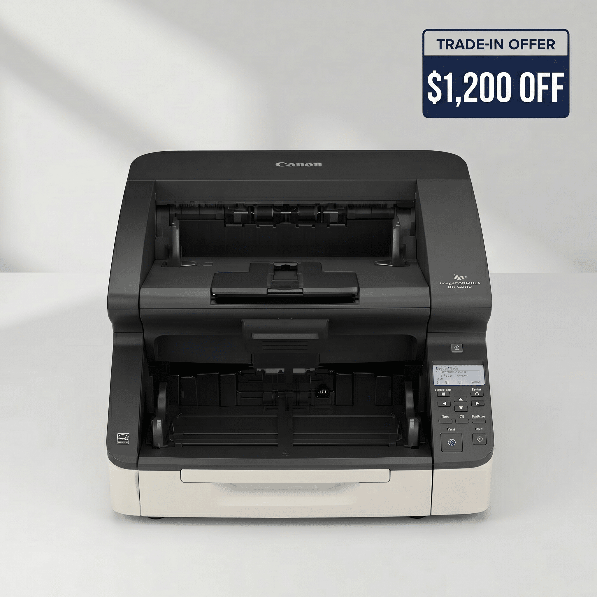 Canon imageFORMULA DR-G2140 production document scanner with a navy 'Trade-In Offer — $1,200 Off' badge